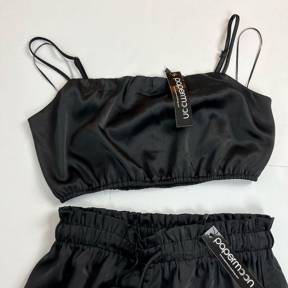 NWOT Paper Moon NWT Black Satin Two Piece Crop Top Set Womens Size Small - Picture 4 of 16